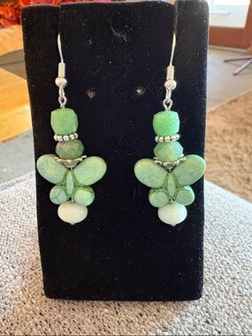 Hand Crafted Green Stone Jade Butterfly Bead Dangle Earrings